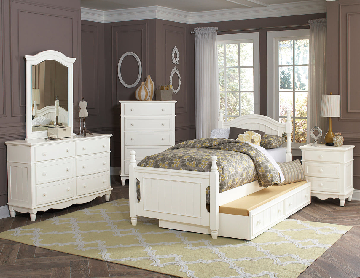 Clementine White Twin Platform Bed in bedroom setting, with dresser, mirror and nightstand