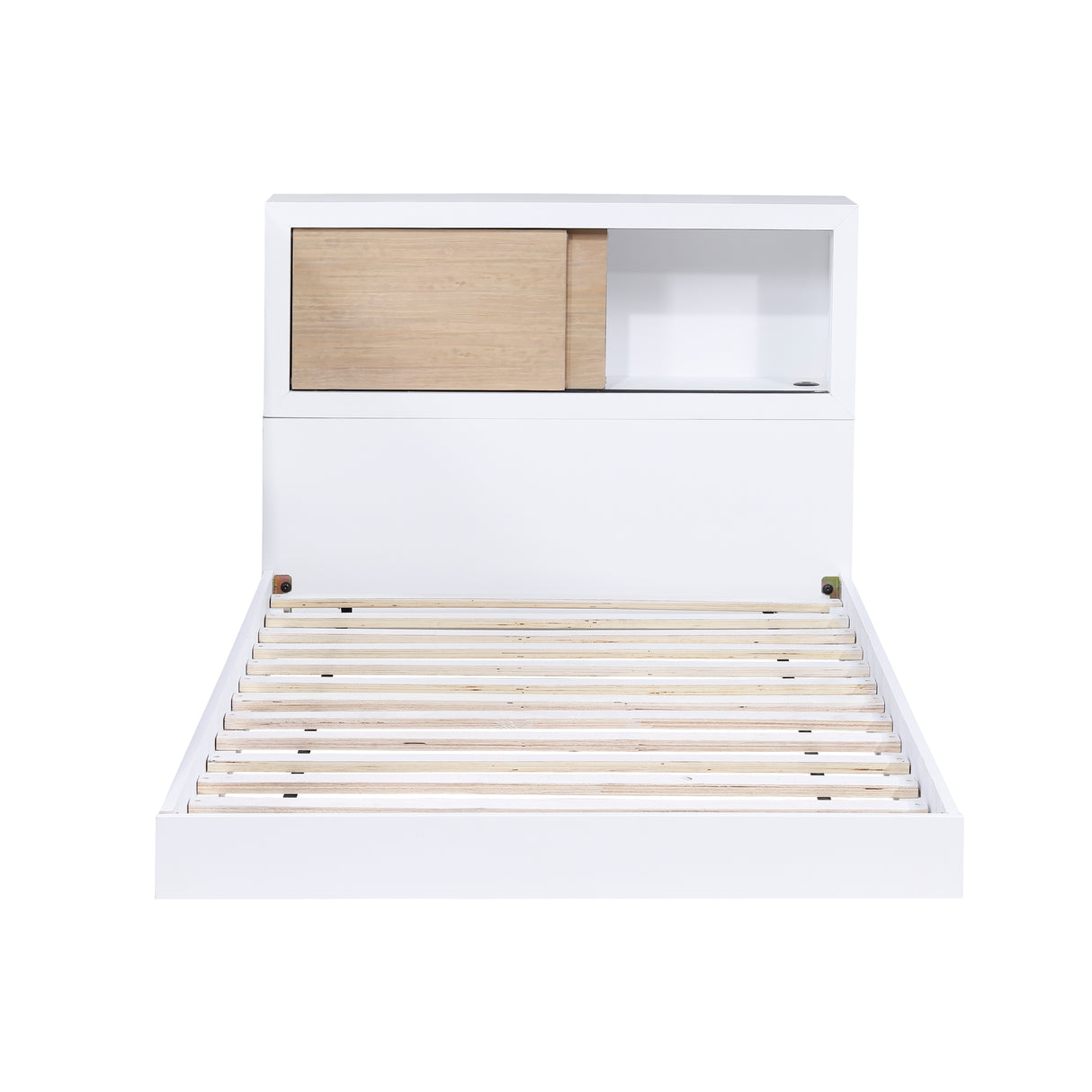 B2012BCT-1* (3) Twin Bookcase Bed, angled view with open storage cubby, white and natural finish
