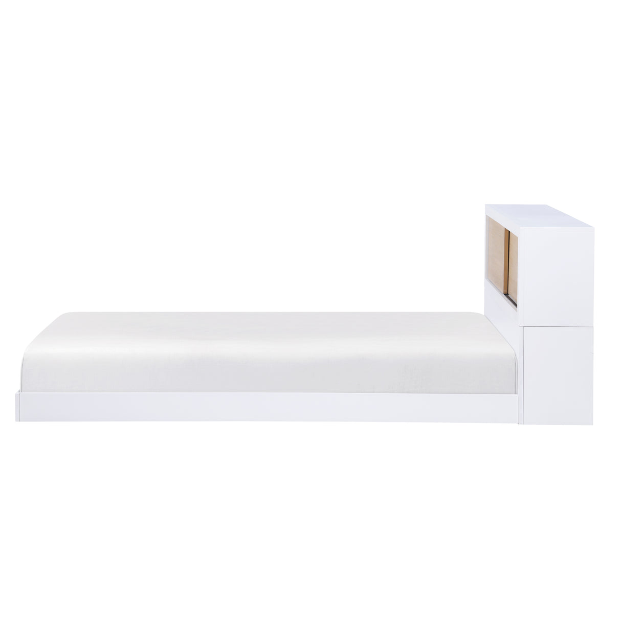 B2012BCT-1* (3) Twin Bookcase Bed, side profile, ultra-low white platform with bookcase headboard