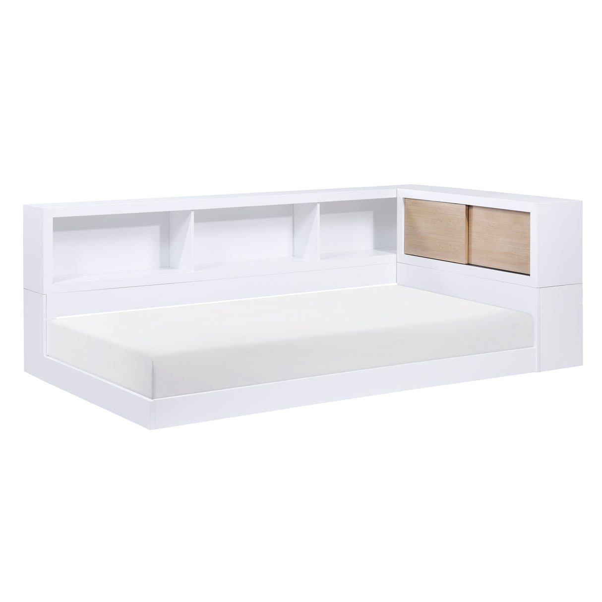 B2012BCT-1BC* Twin Bookcase Corner Bed, white frame with natural sliding doors, three-quarter view