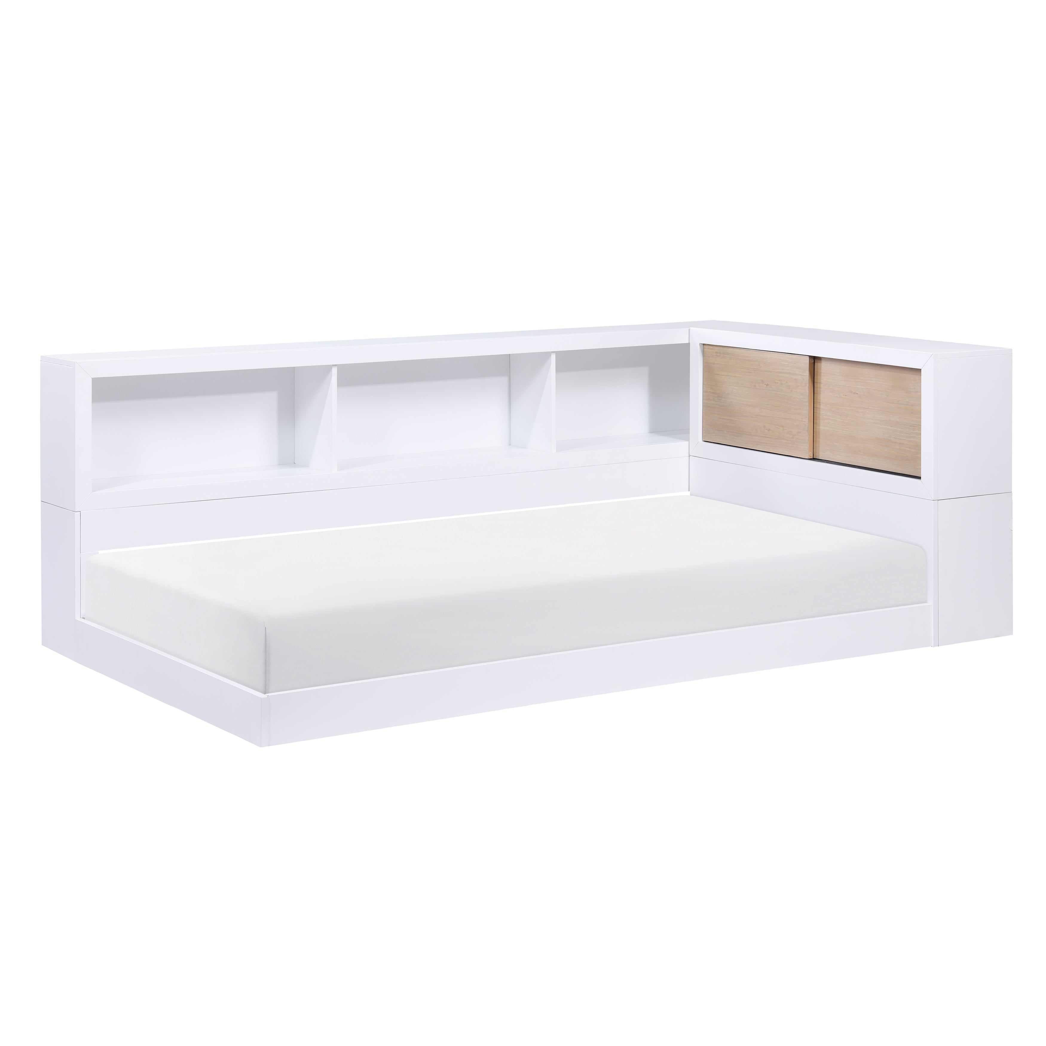 B2012BCT-1BC* Twin Bookcase Corner Bed, white frame with natural sliding doors, three-quarter view