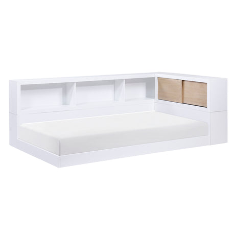 B2012BCT-1BC* Twin Bookcase Corner Bed, white frame with natural sliding doors, three-quarter view