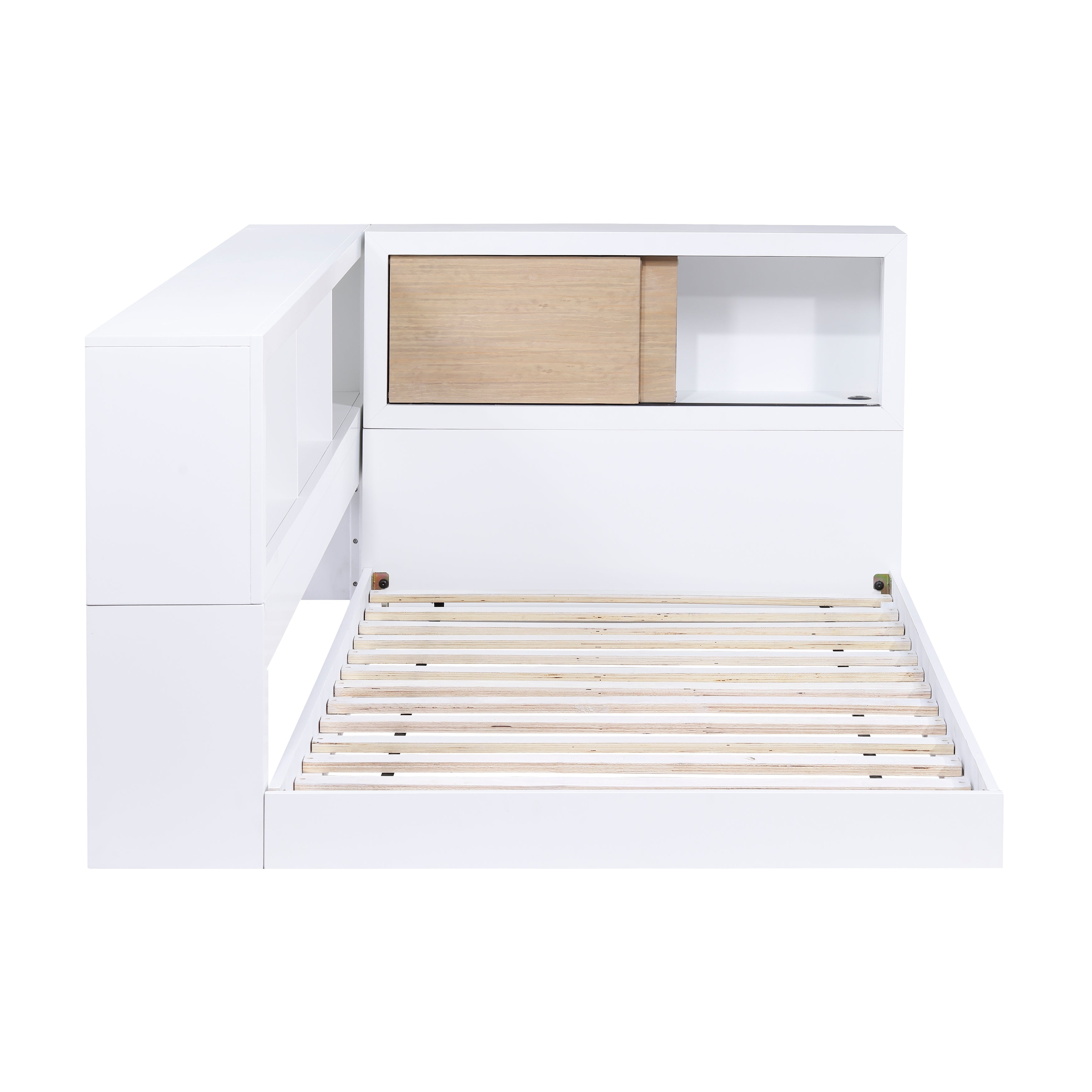 B2012BCT-1BC* Twin Bookcase Corner Bed, front view with cabinet open and mattress in place