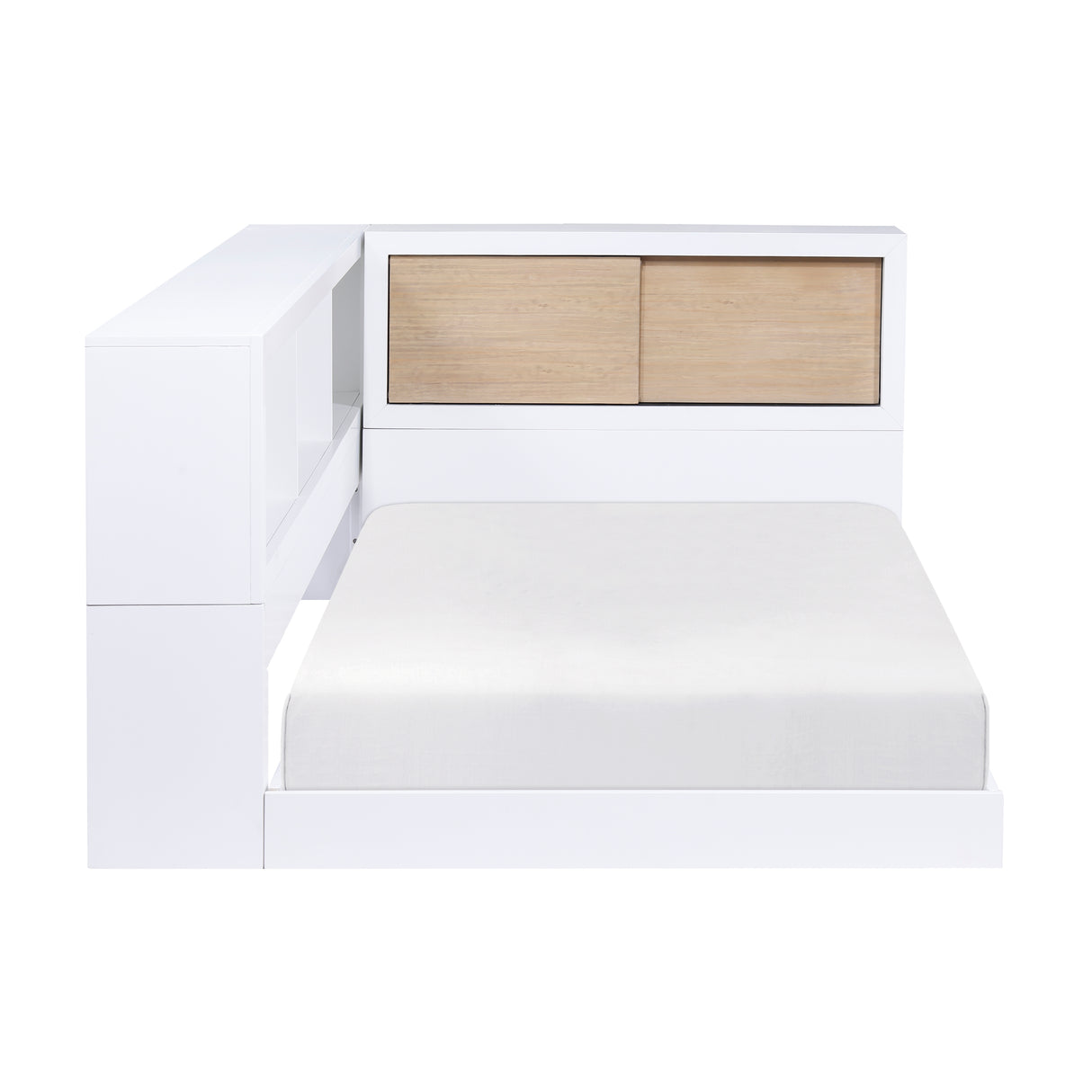 B2012BCT-1BC* Twin Bookcase Corner Bed, front view with natural sliding doors and low platform