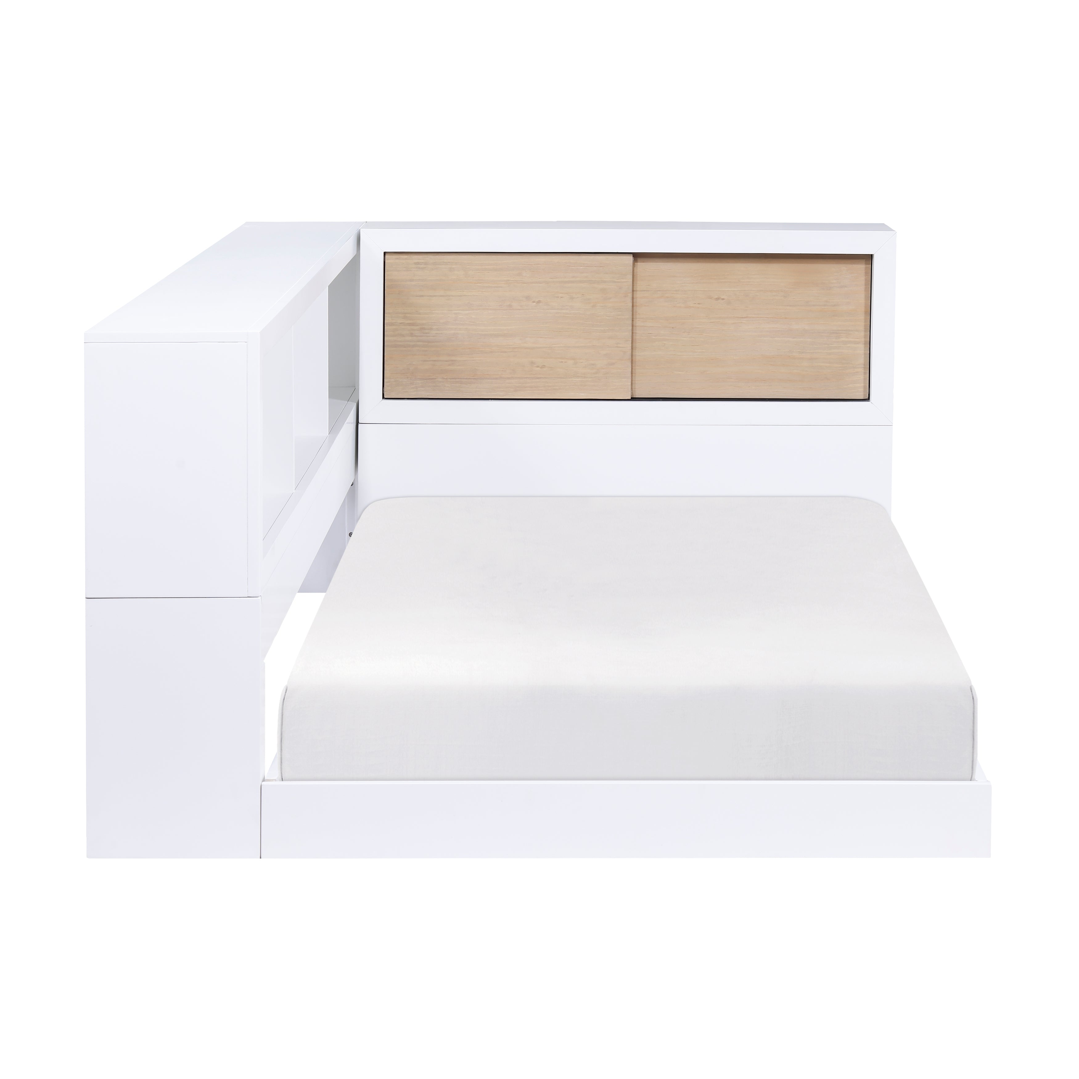 B2012BCT-1BC* Twin Bookcase Corner Bed, front view with natural sliding doors and low platform