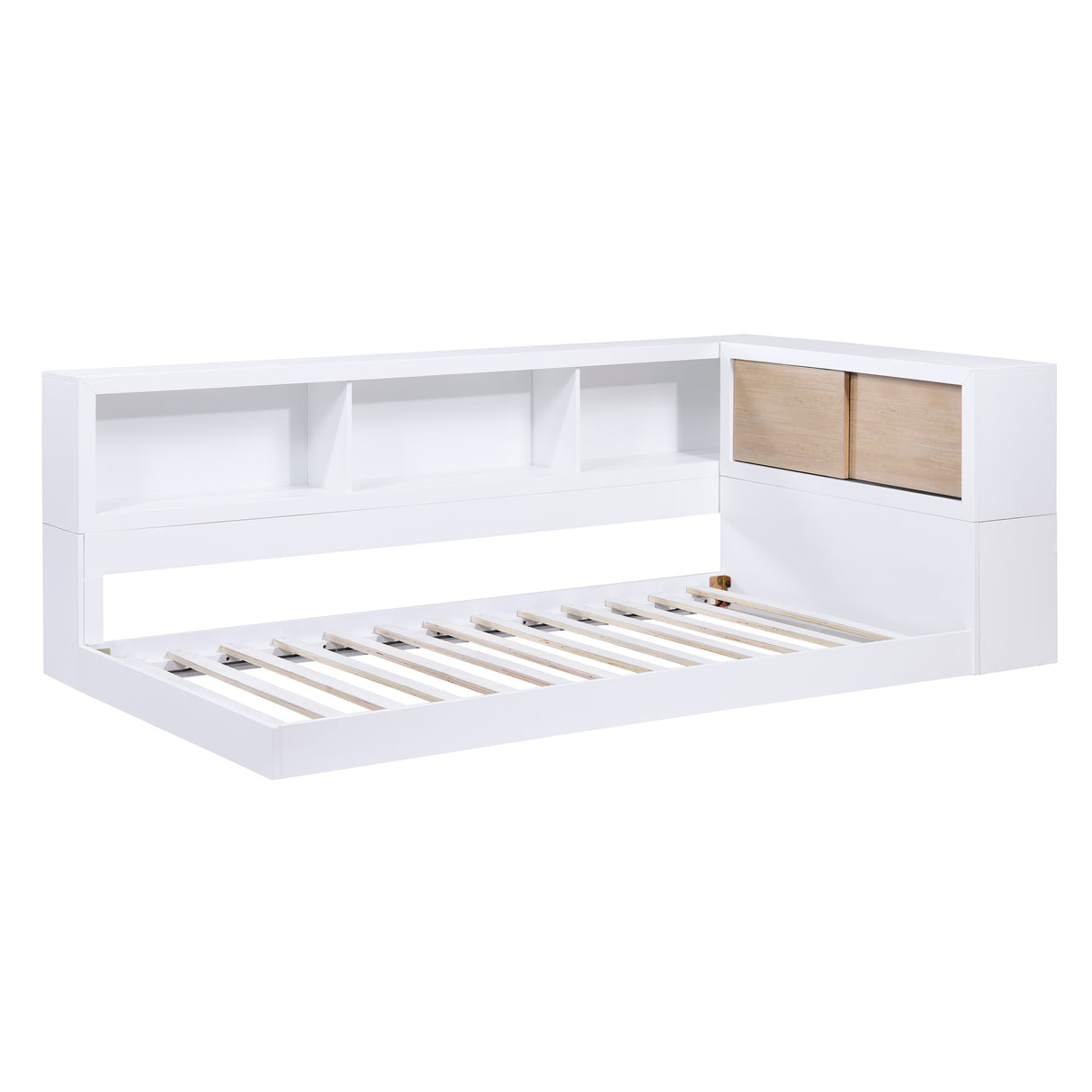 B2012BCT-1BC* Twin Bookcase Corner Bed, slat support shown, white finish