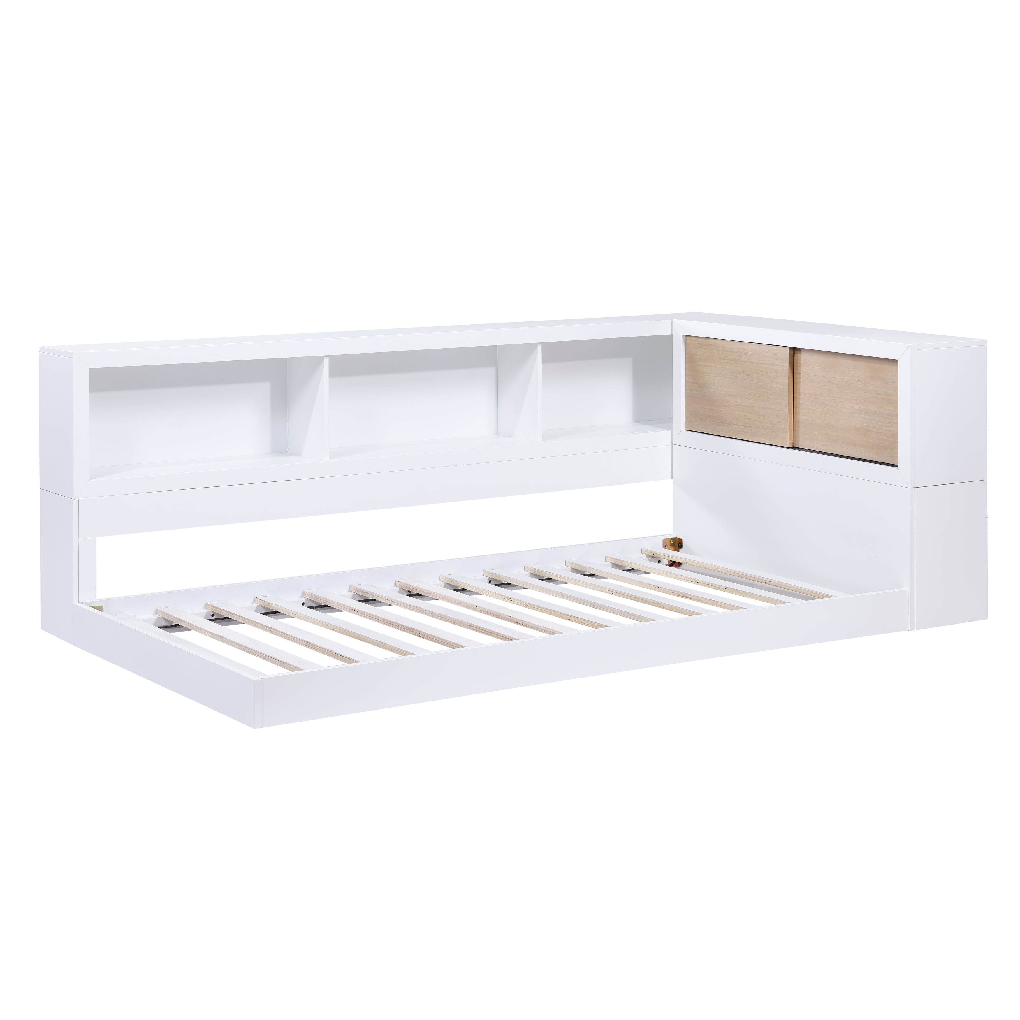 B2012BCT-1BC* Twin Bookcase Corner Bed, slat support shown, white finish