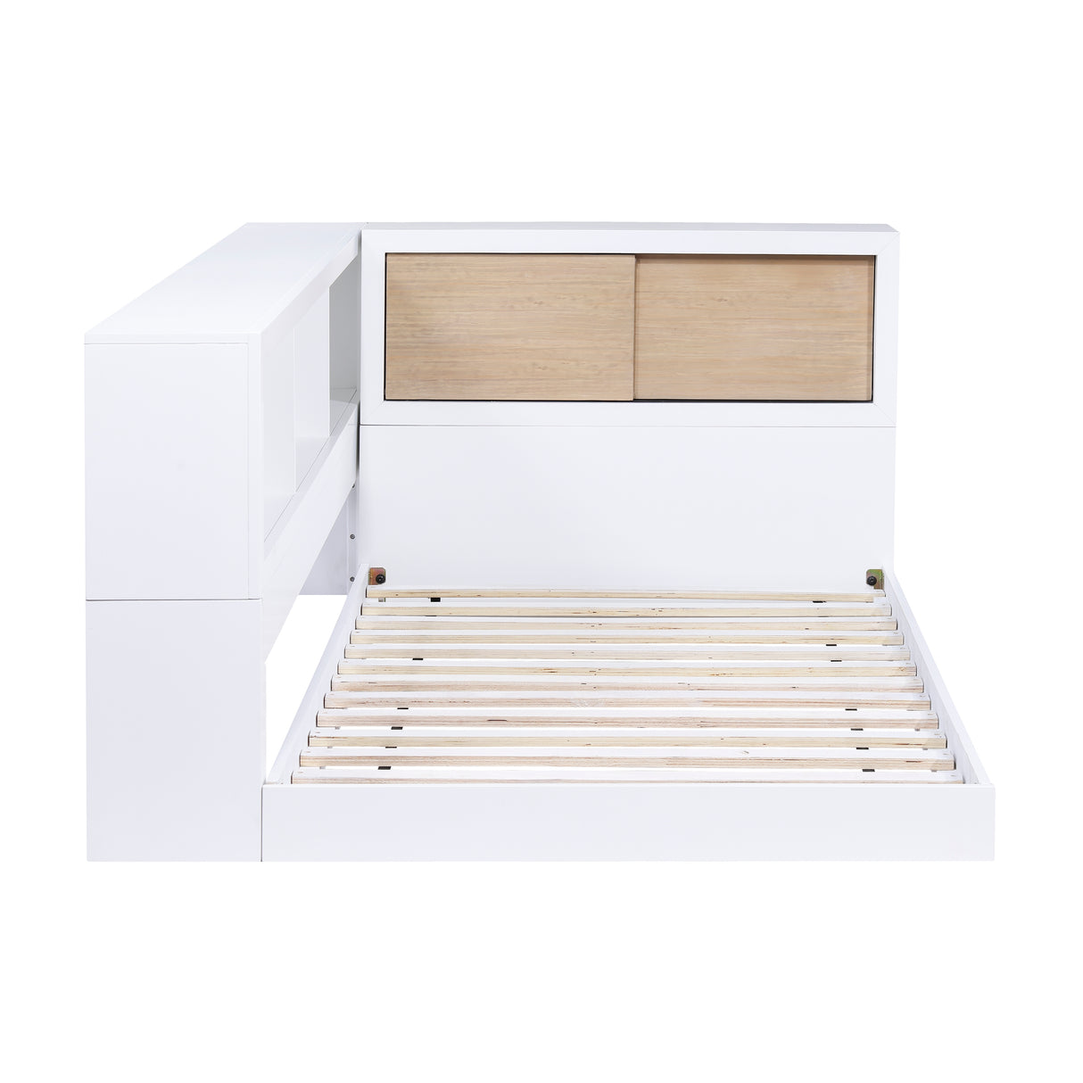B2012BCT-1BC* Twin Bookcase Corner Bed, closed storage doors and slat base, three-quarter view