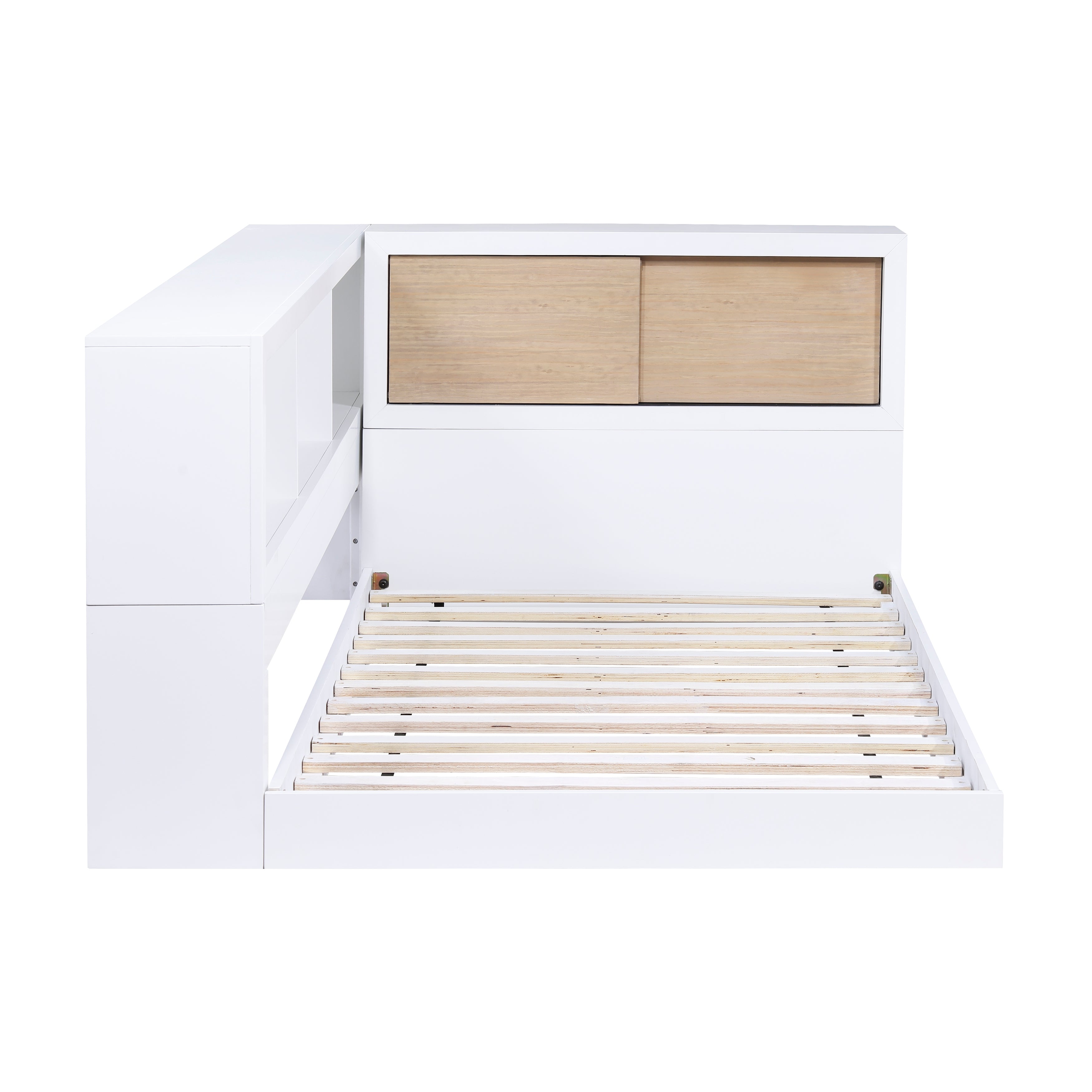 B2012BCT-1BC* Twin Bookcase Corner Bed, closed storage doors and slat base, three-quarter view