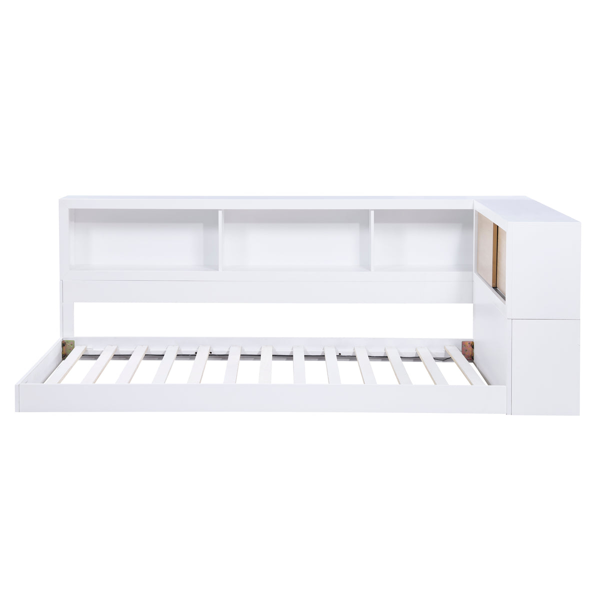 B2012BCT-1BC* Twin Bookcase Corner Bed, slat support front view with natural door panel