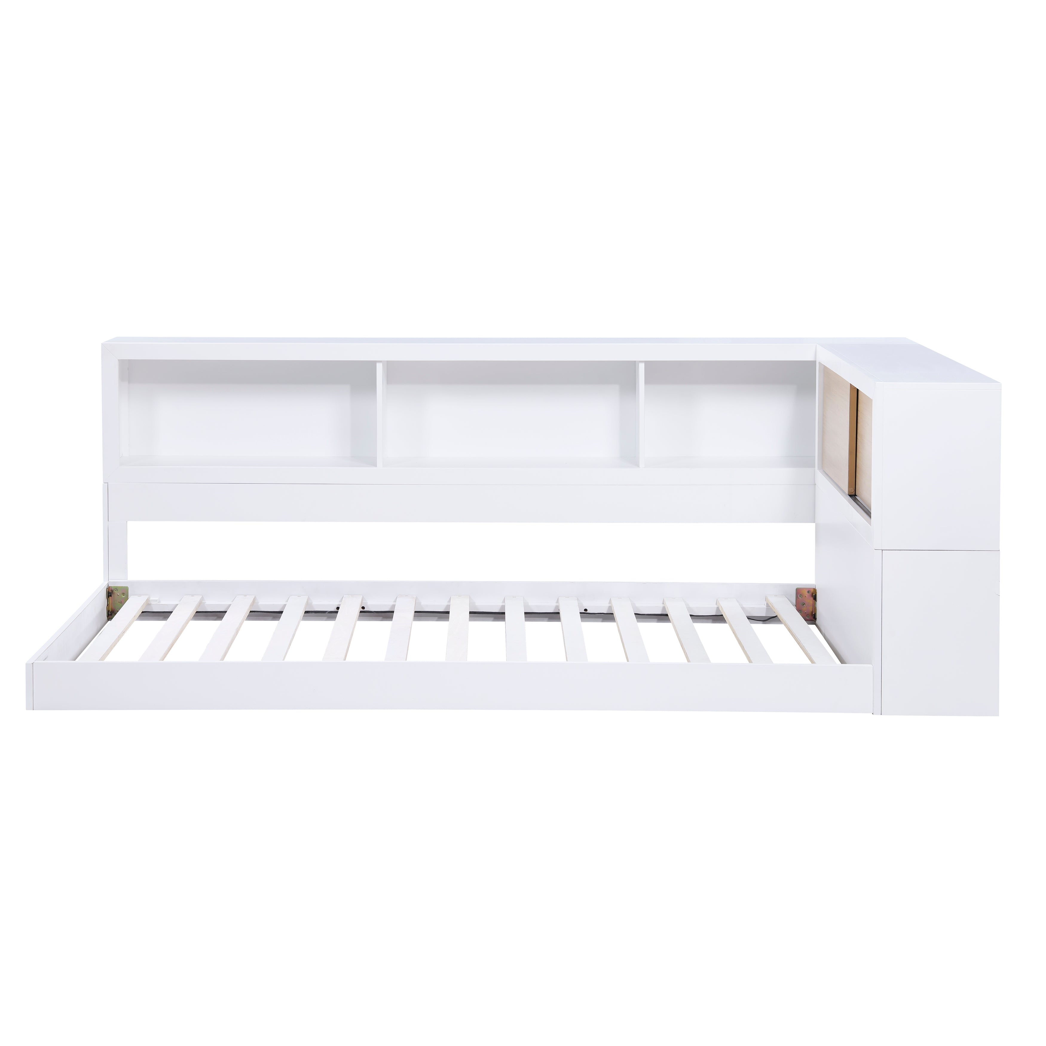 B2012BCT-1BC* Twin Bookcase Corner Bed, slat support front view with natural door panel