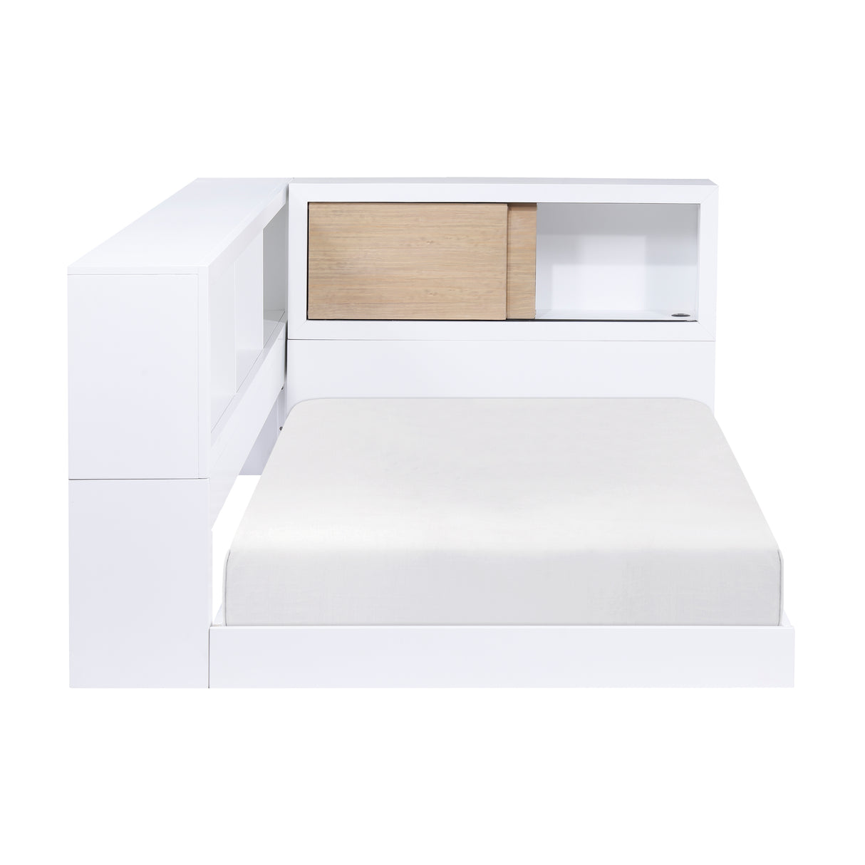B2012BCT-1BC* Twin Bookcase Corner Bed, open storage cabinet, front view