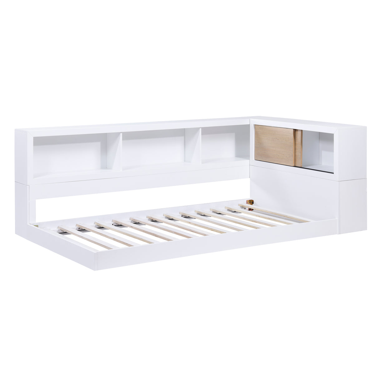 B2012BCT-1BC* Twin Bookcase Corner Bed, open slat support and side bookcase view