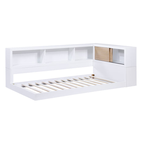 Asker White/Natural Mid-Century Pine Veneer Corner Twin Bed with Bookcase Storage from Homelegance - Luna Furniture