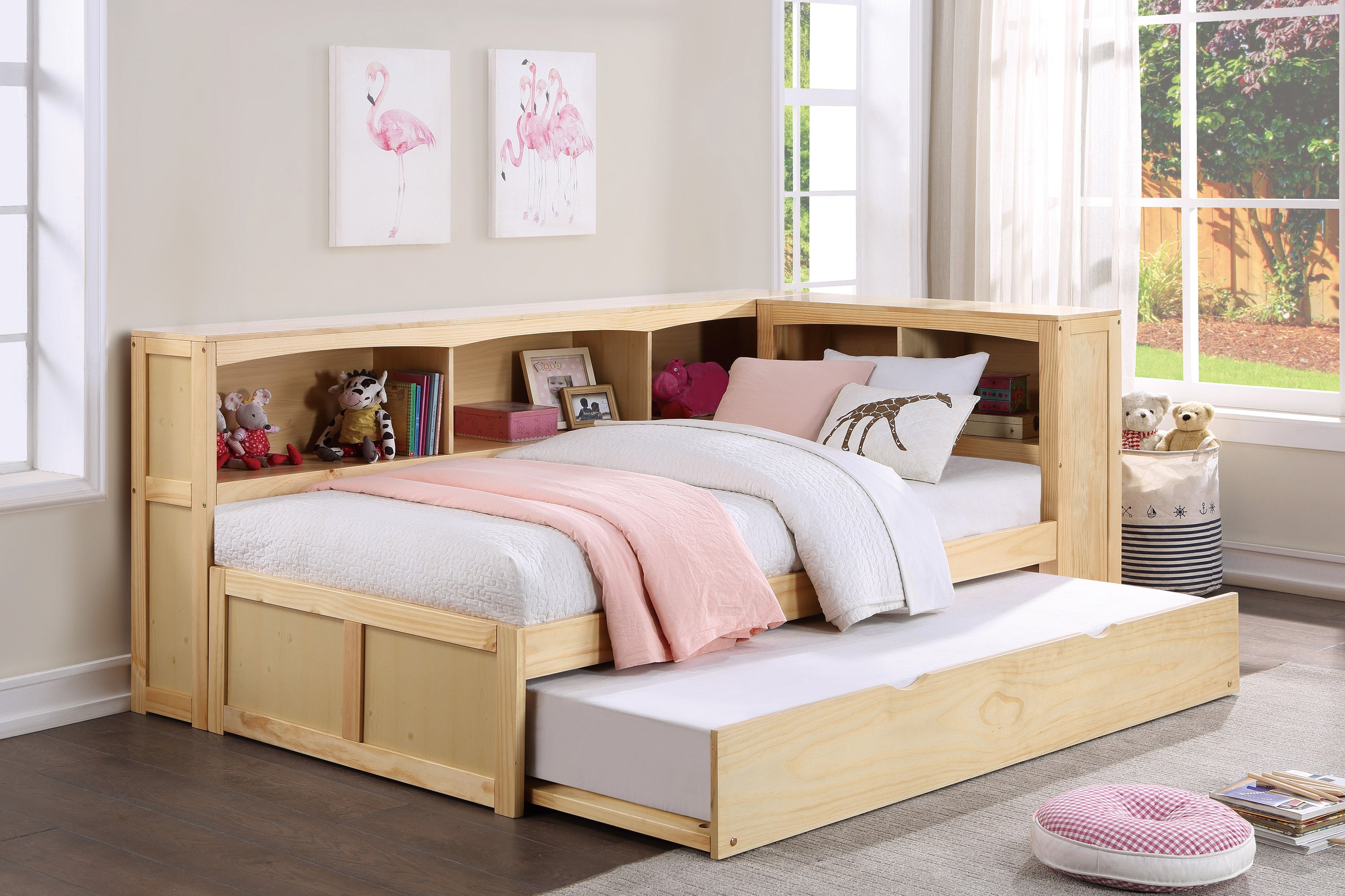 Bartly Pine Twin Bookcase Corner Bed with Twin Trundle from Homelegance - Luna Furniture