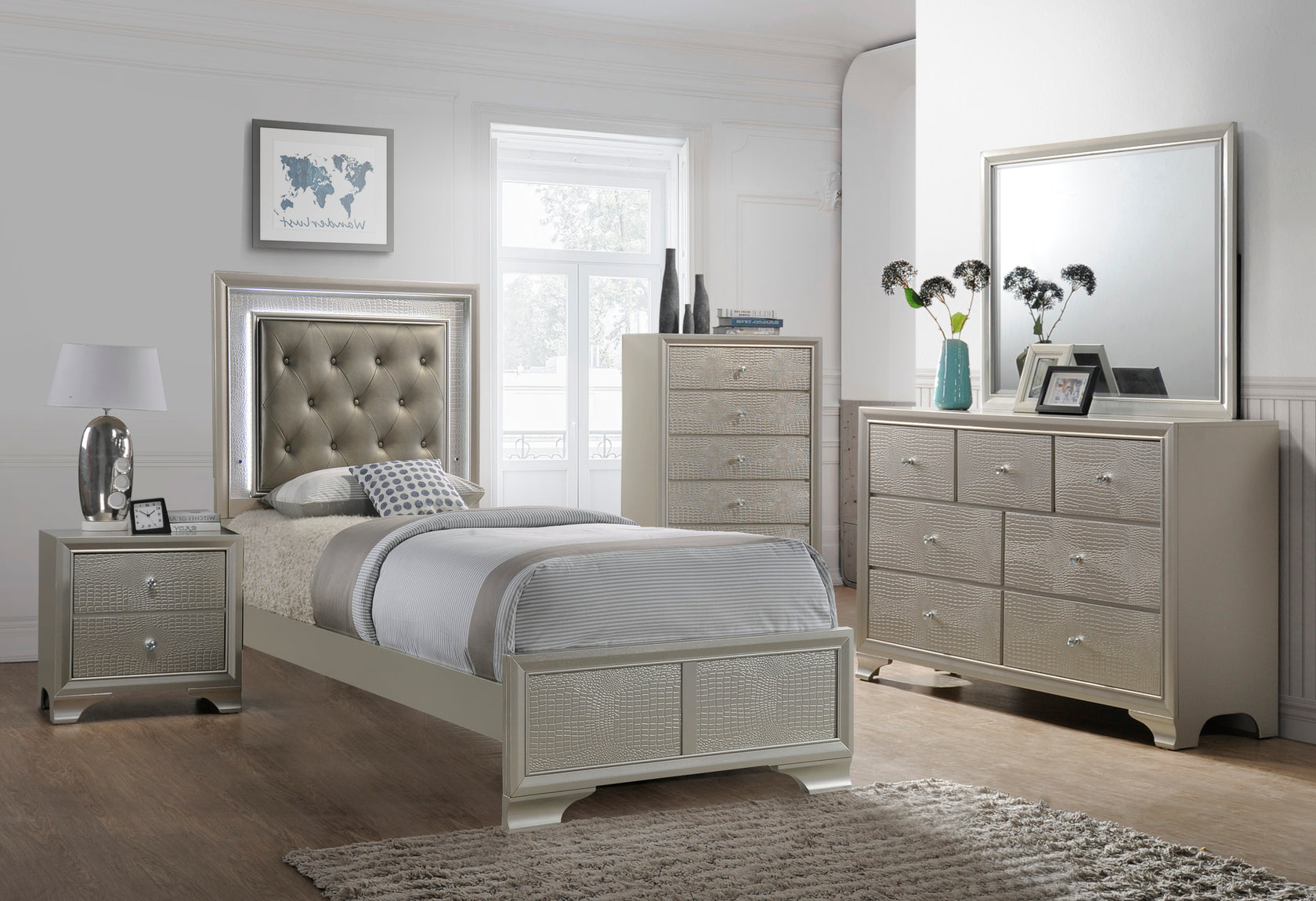 Lyssa Champagne LED Upholstered Panel Youth Bedroom Set from Crown Mark - Luna Furniture