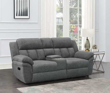 Bahrain Upholstered Motion Loveseat with Console Charcoal - 609542 - Luna Furniture