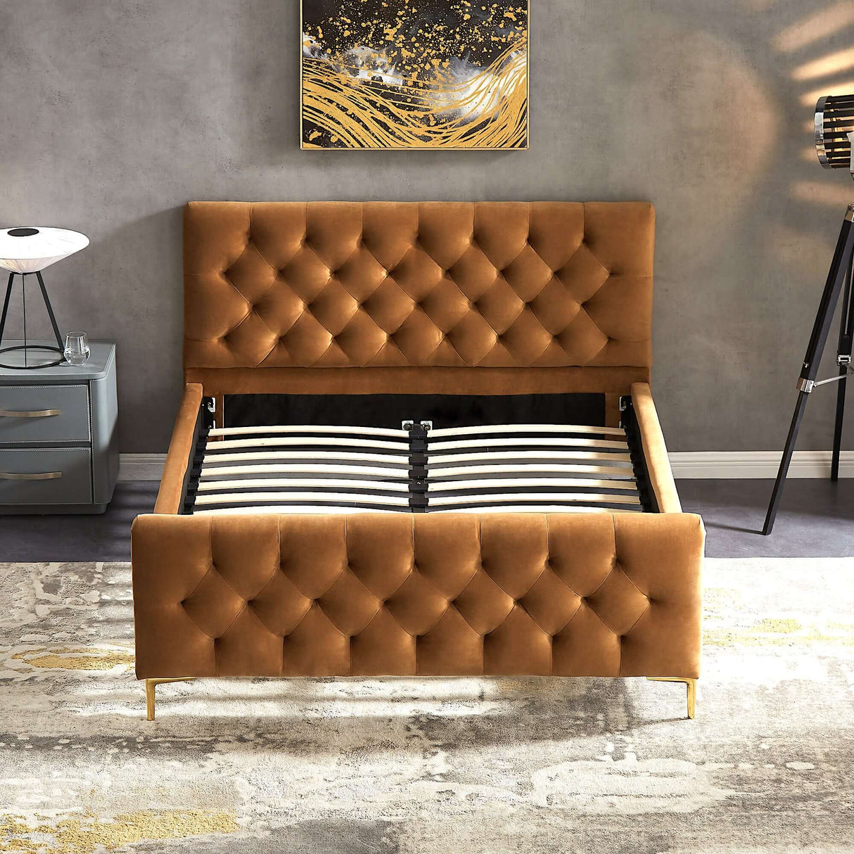 Bailey Velvet Upholstered Platform Bed King / Cognac from Ashcroft Furniture - Luna Furniture
