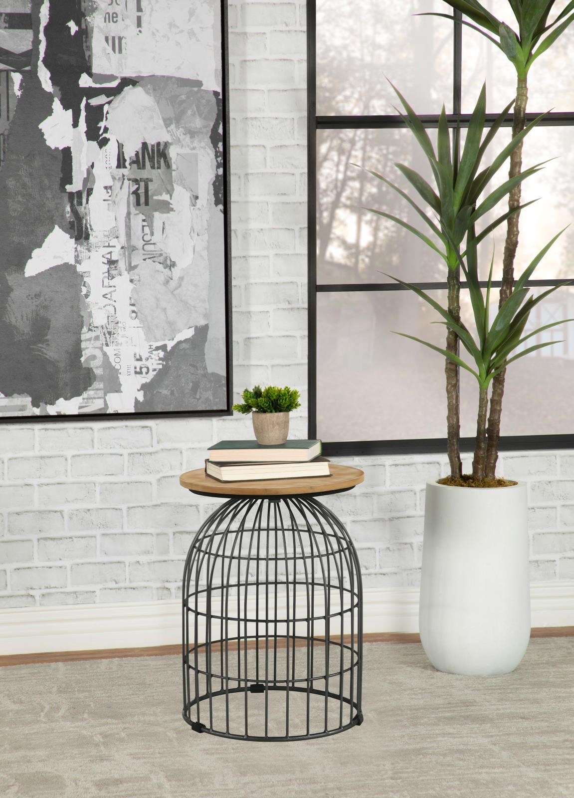 Bernardo Natural and Gunmetal Round Accent Table with Bird Cage Base from Coaster - Luna Furniture