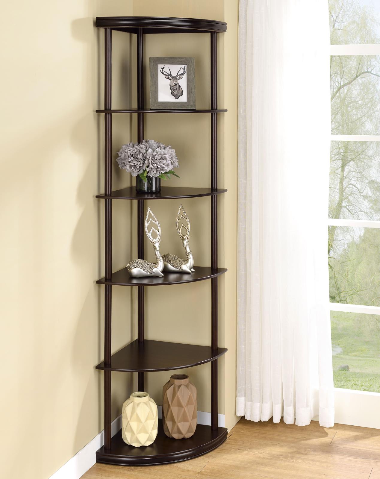 Bonwick Cappuccino 5-Shelf Corner Bookshelf from Coaster - Luna Furniture