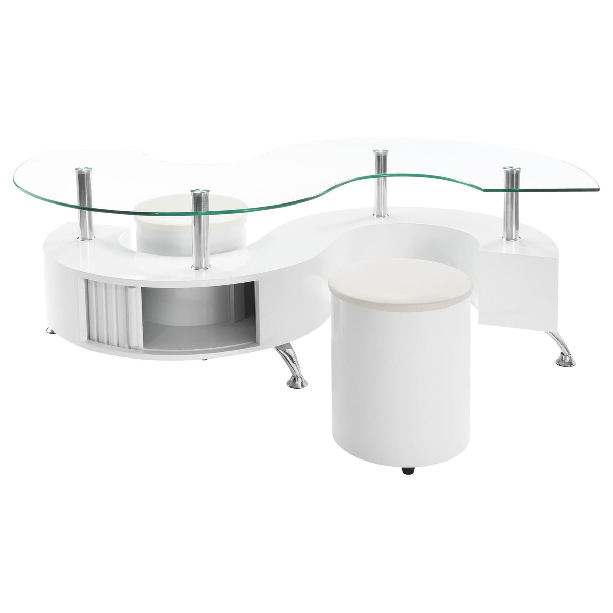 Buckley White High Gloss Curved Glass Top Coffee Table with Stools from Coaster - Luna Furniture