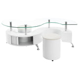 Buckley White High Gloss Curved Glass Top Coffee Table with Stools from Coaster - Luna Furniture