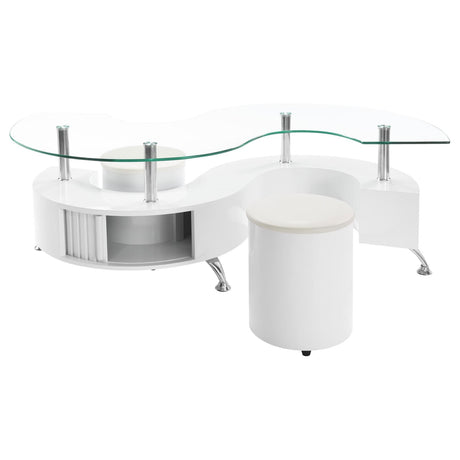 Buckley White High Gloss Curved Glass Top Coffee Table with Stools from Coaster - Luna Furniture