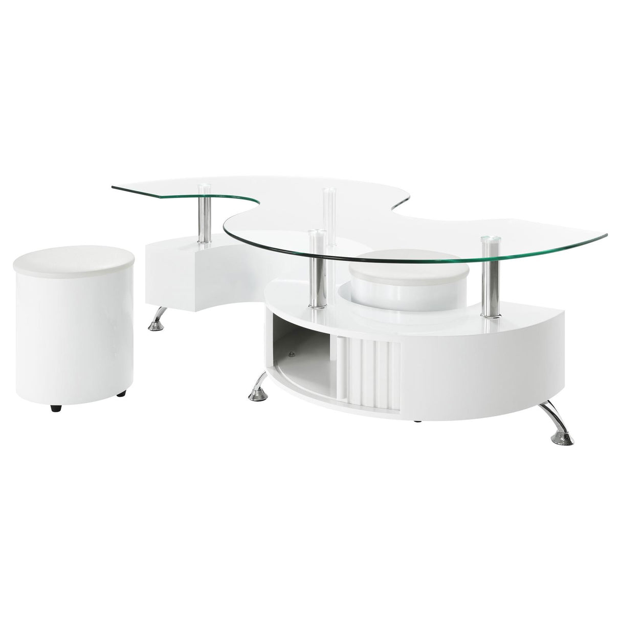 Buckley White High Gloss Curved Glass Top Coffee Table with Stools from Coaster - Luna Furniture