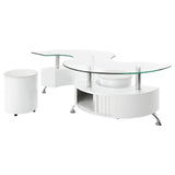 Buckley White High Gloss Curved Glass Top Coffee Table with Stools from Coaster - Luna Furniture