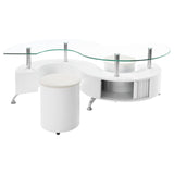 Buckley White High Gloss Curved Glass Top Coffee Table with Stools from Coaster - Luna Furniture
