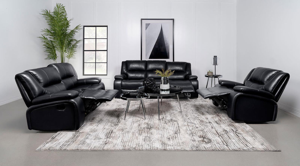 Camila Black Upholstered Motion Reclining Loveseat from Coaster - Luna Furniture