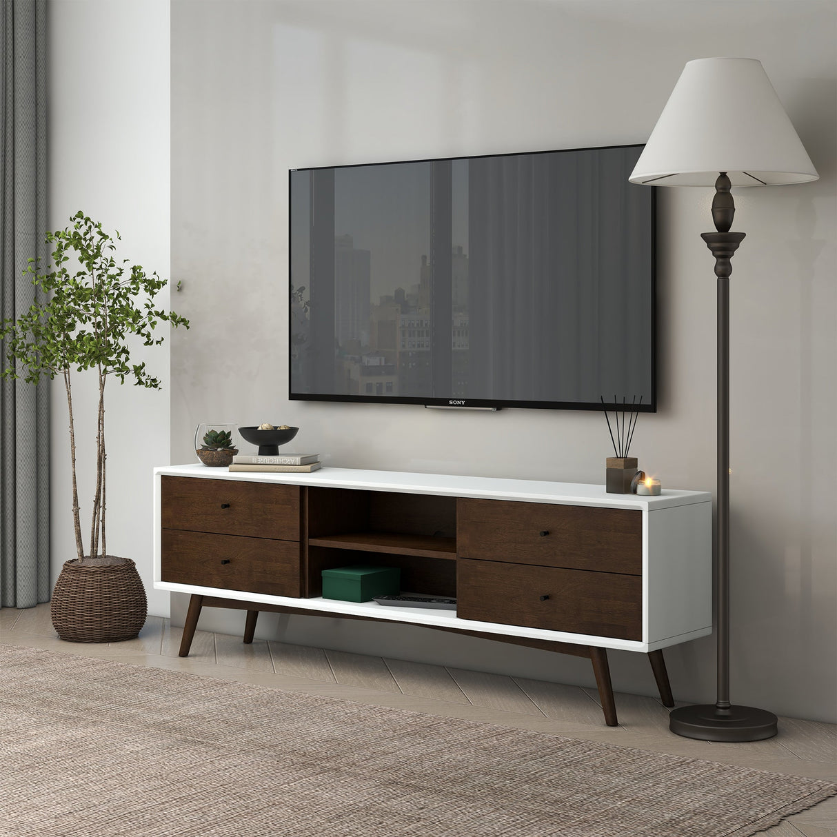 Caroline Mid Century Modern Style Walnut White TV Stand up to 72" - AFC00019 - Luna Furniture