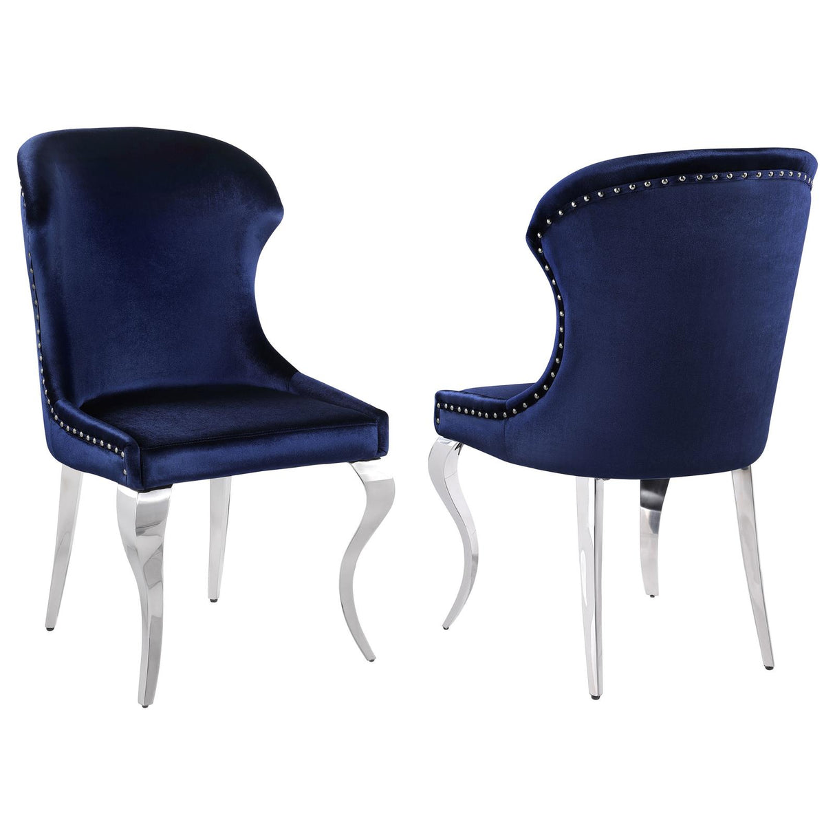 Cheyanne Chrome and Ink Blue Upholstered Wingback Side Chair with Nailhead Trim, Set of 2 from Coaster - Luna Furniture