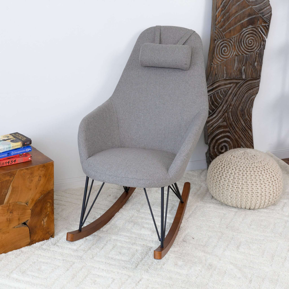 Chloe Mid Century Modern Rocker Livingroom and Bedroom Chair Grey Linen - AFC00099 - Luna Furniture