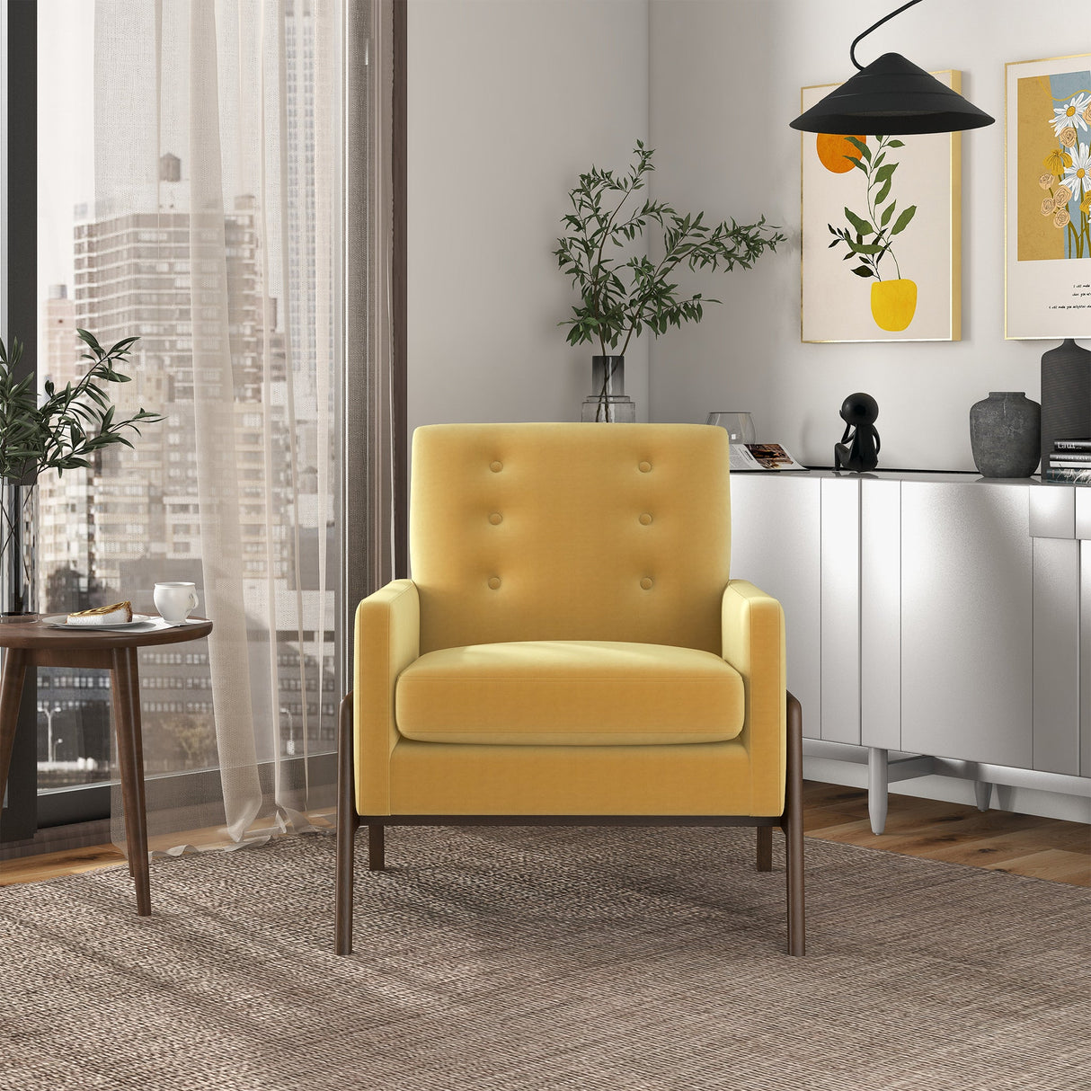 Cole Mid-Century Modern Solid Wood  Dark Yellow Velvet Lounge Chair - AFC00036 - Luna Furniture