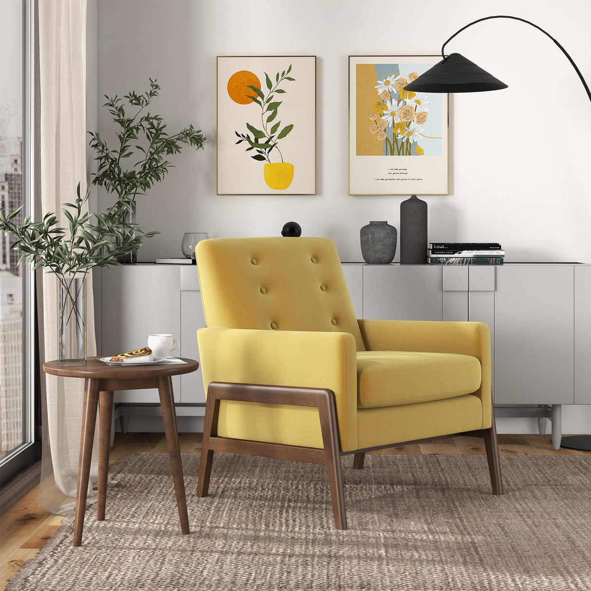 Cole Mid-Century Modern Solid Wood  Dark Yellow Velvet Lounge Chair - AFC00036 - Luna Furniture