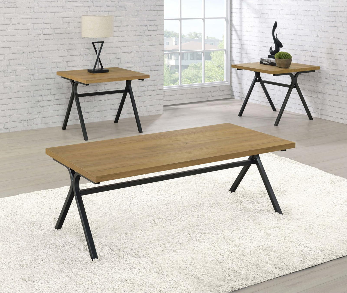 Colmar Golden Oak and Gunmetal 3-Piece Trestle Occasional Table Set from Coaster - Luna Furniture