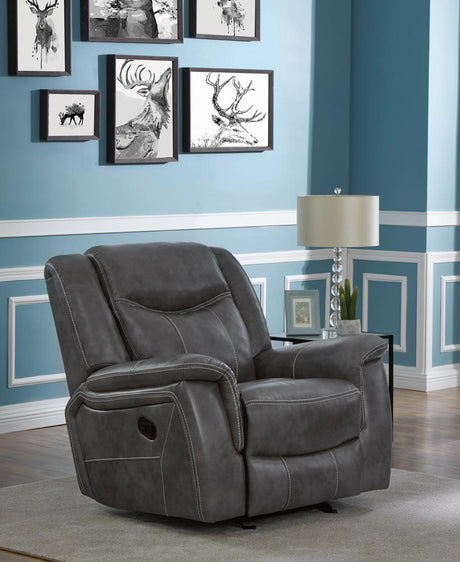 Conrad Gray Upholstered Motion Glider Recliner from Coaster - Luna Furniture