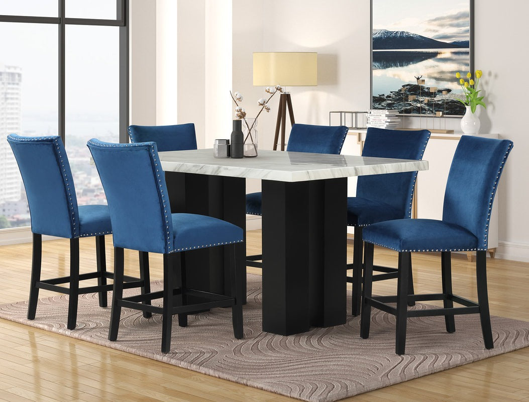 Stockholm Blue 7-Piece Faux Marble Counter Height Set