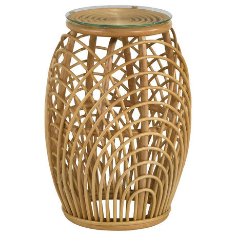 Dahlia Round Glass Top Woven Rattan End Table Natural Brown - 709807 - Luna Furniture