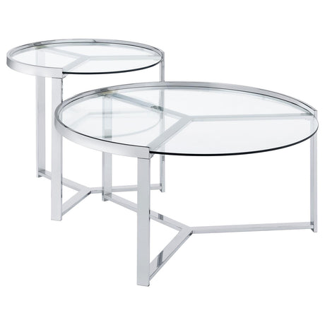 Delia Clear and Chrome 2-Piece Round Glass Top Nesting Coffee Table from Coaster - Luna Furniture