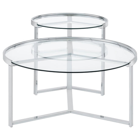Delia Clear and Chrome 2-Piece Round Glass Top Nesting Coffee Table from Coaster - Luna Furniture