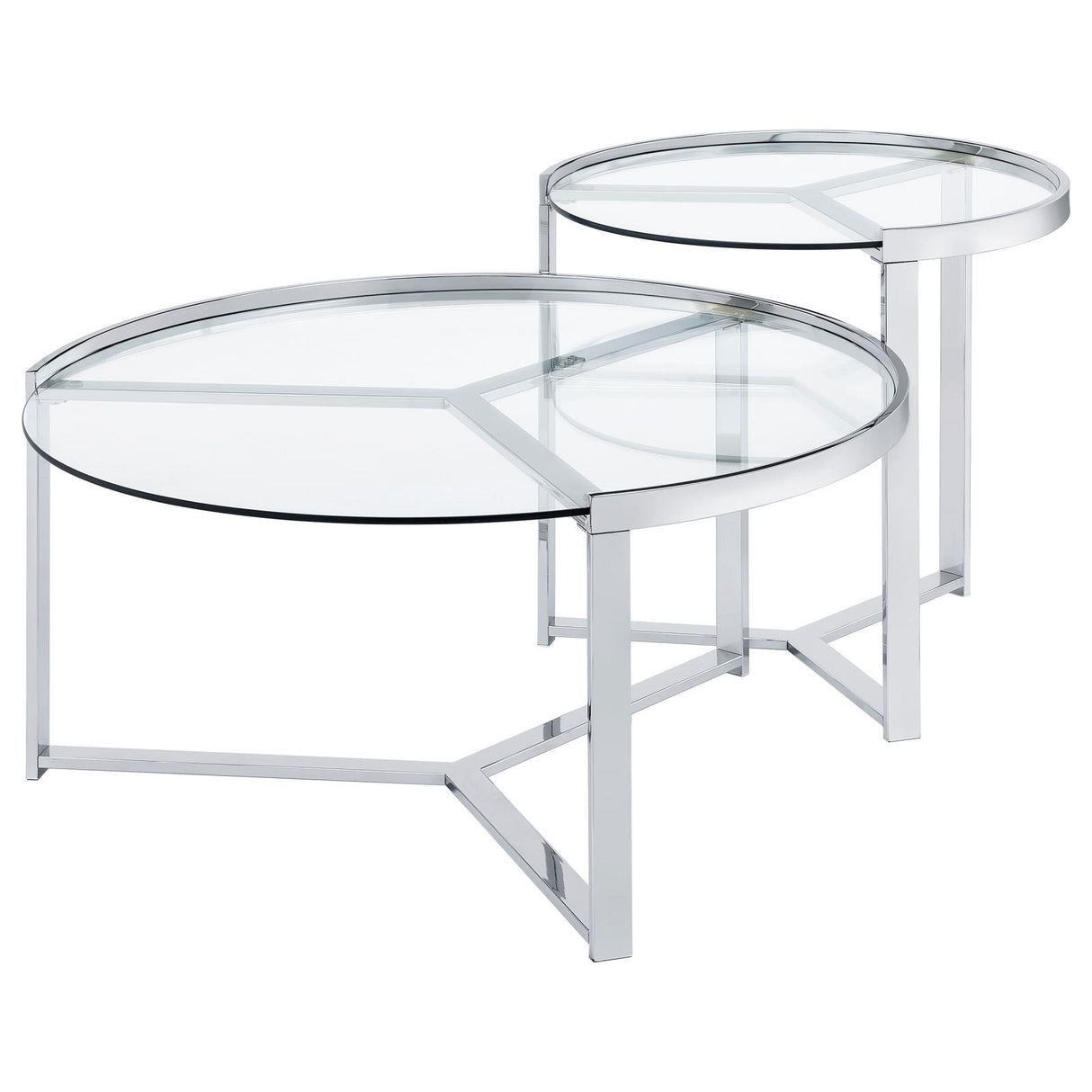 Delia Clear and Chrome 2-Piece Round Glass Top Nesting Coffee Table from Coaster - Luna Furniture