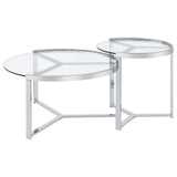 Delia Clear and Chrome 2-Piece Round Glass Top Nesting Coffee Table from Coaster - Luna Furniture