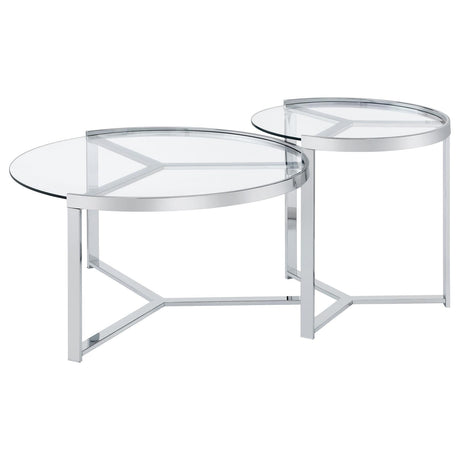 Delia Clear and Chrome 2-Piece Round Glass Top Nesting Coffee Table from Coaster - Luna Furniture