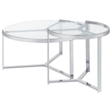 Delia Clear and Chrome 2-Piece Round Glass Top Nesting Coffee Table from Coaster - Luna Furniture