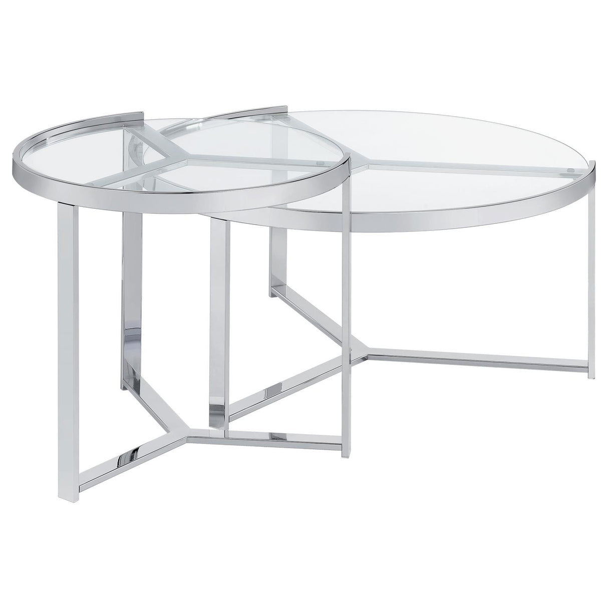 Delia Clear and Chrome 2-Piece Round Glass Top Nesting Coffee Table from Coaster - Luna Furniture
