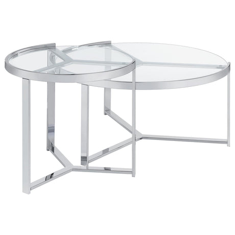 Delia Clear and Chrome 2-Piece Round Glass Top Nesting Coffee Table from Coaster - Luna Furniture