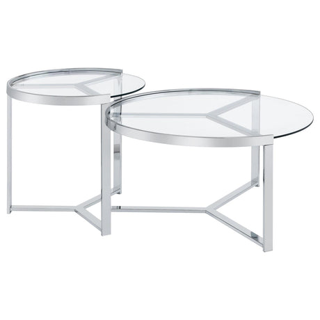 Delia Clear and Chrome 2-Piece Round Glass Top Nesting Coffee Table from Coaster - Luna Furniture