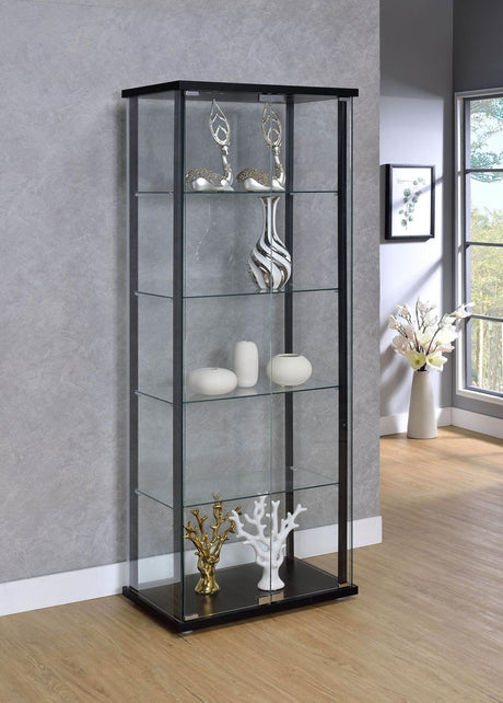 Delphinium Black and Clear 5-Shelf Glass Curio Cabinet from Coaster - Luna Furniture